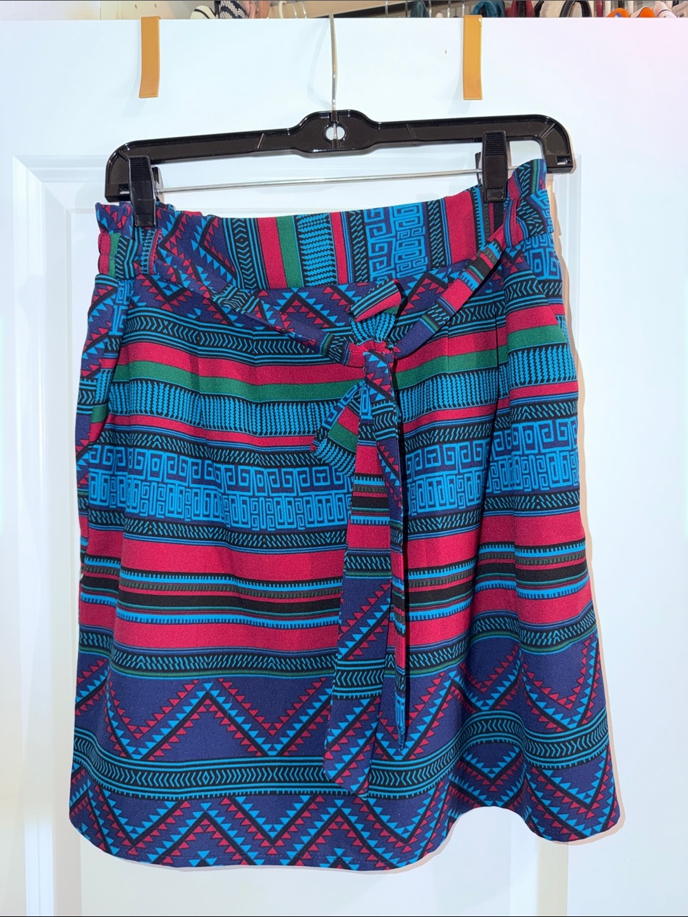 Bold Aztec Print Tie-Waist Skirt - Teal & Red